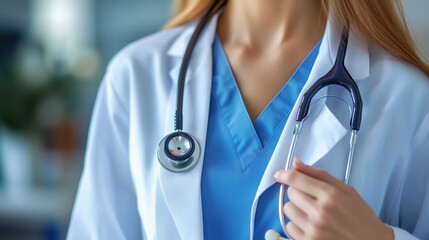 Young Female Doctor Holding Stethoscope. Young female doctor with a stethoscope and blue scrubs, embodying healthcare dedication, professionalism, and patient-centered care.