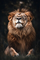 Obraz premium Majestic Lion with Closed Eyes Enjoying Nature's Serenity in a Dramatic Light Setting