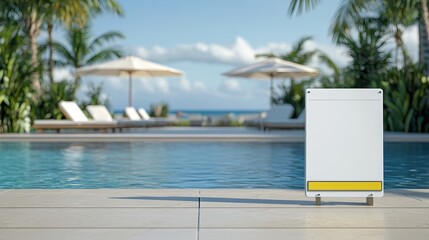 A safety warning board stands by a serene pool, with loungers and umbrellas in the backdrop