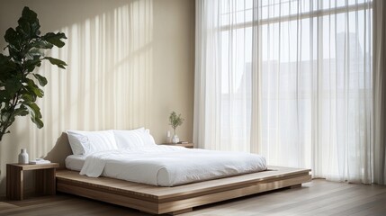 A calming Japandi bedroom with a wooden platform bed