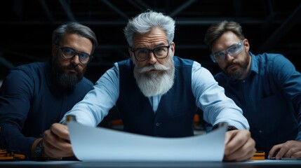 Three men with various styles of facial hair and glasses are intently analyzing blueprints spread out on a table in a workshop. The atmosphere suggests a serious brainstorming session