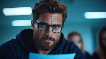 A man with a beard and glasses is deeply engaged in his studies, holding a paper while sitting in a classroom. The environment is illuminated softly, hinting at evening hours