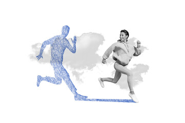 Fototapeta premium Collage portrait of cheerful black white effect girl running look behind painted shadow isolated on paper creative background