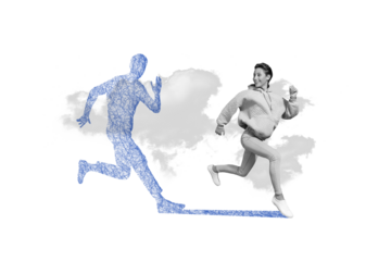 Collage portrait of cheerful black white effect girl running look behind painted shadow isolated on paper creative background