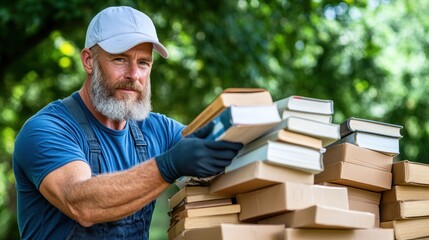 In a vibrant outdoor setting, a bearded man carefully arranges stacked boxes filled with books, demonstrating his commitment to promoting literacy and education within the community