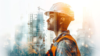 Focused construction builder and city buildings around him in double exposure style. Postproducted generative AI illustration.