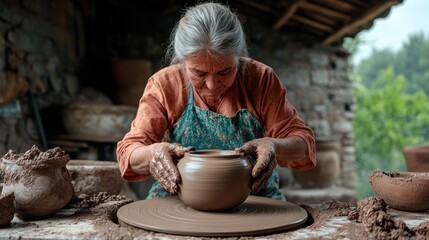 An elderly artisan focuses intently as she shapes a clay pot at her rustic workshop, surrounded by raw materials and a peaceful outdoor setting in the afternoon light