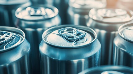A close-up view of multiple aluminum beverage cans, showcasing their shiny surfaces.