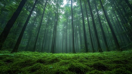 Fototapeta premium A thick rainforest scene with towering trees, vibrant greenery, and a mist that creates a mysterious, untouched atmosphere.