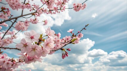 Obraz premium Pink cherry blossoms bloom against a soft blue sky with fluffy white clouds, creating a breathtakingly beautiful scene., natural, fluffy white clouds, cherry blossom, spring, floral arrangement