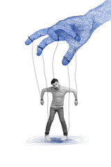 Vertical collage picture of painted big arm fingers hold hanging string black white colors mini guy...