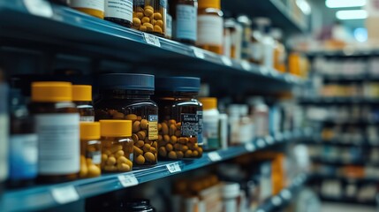 Pharmacy Shelf with Medicine Bottles. Close-up of a pharmacy shelf filled with medicine bottles containing various tablets and capsules, organized by type and label.