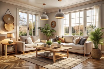 Fototapeta premium Cozy modern living room, large windows with countryside view, beige sofas, wooden coffee table, pendant lights, potted plants, woven baskets on wall, area rug, warm sunlight, neutral color palette, ai