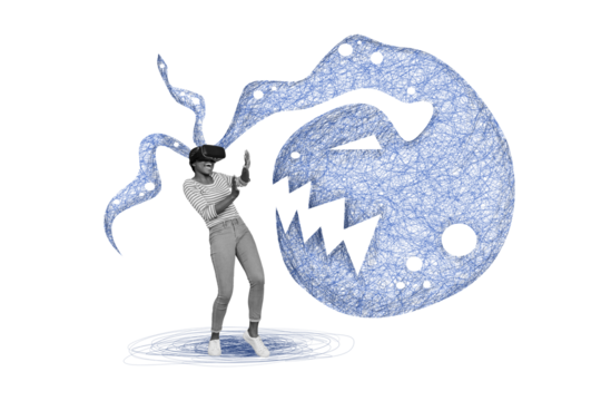 Collage portrait of black white effect hardworking girl arms pull rope painted big startup ball isolated on creative paper background