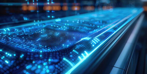 A sleek, brushed metal surface embedded with holographic circuit patterns, softly pulsating with a neon blue glow. Thin, translucent lines of code hover over the interface, suspended in mid-air.