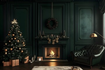 Christmas Interior, Dark Green Wall With Decorated Christmas Tree and Fireplace