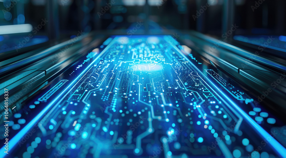 Poster A sleek, brushed metal surface embedded with holographic circuit patterns, softly pulsating with a neon blue glow. Thin, translucent lines of code hover over the interface, suspended in mid-air.