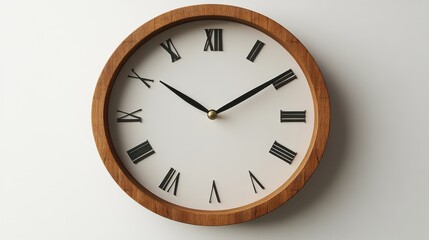 Clock with roman numerals on a white wall with a wooden frame