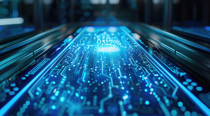 A sleek, brushed metal surface embedded with holographic circuit patterns, softly pulsating with a neon blue glow. Thin, translucent lines of code hover over the interface, suspended in mid-air.