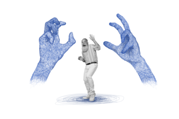 Poster picture image collage of two big human arm catch crazy scared shocked man pensioner isolated on painted white color background