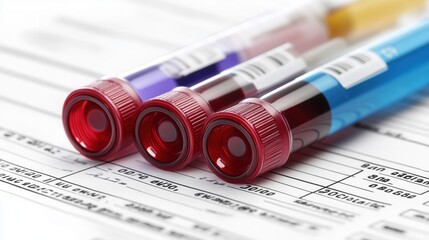 Blood Sample Test Tubes on Laboratory Form. Close-up of blood sample test tubes on a medical form, symbolizing laboratory testing, diagnostics, and health check-up procedures.