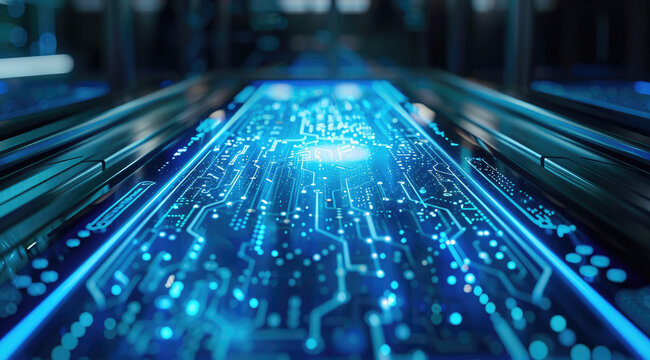 A sleek, brushed metal surface embedded with holographic circuit patterns, softly pulsating with a neon blue glow. Thin, translucent lines of code hover over the interface, suspended in mid-air.