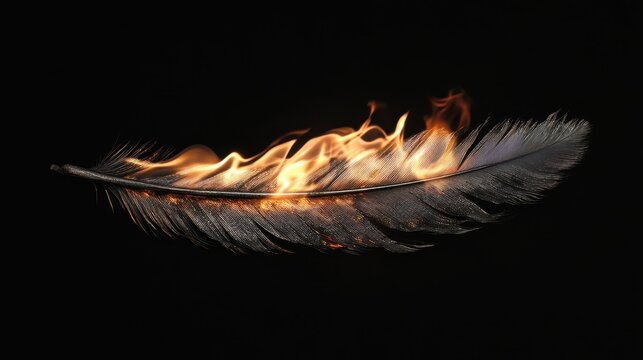 Burning feather isolated on black screen
