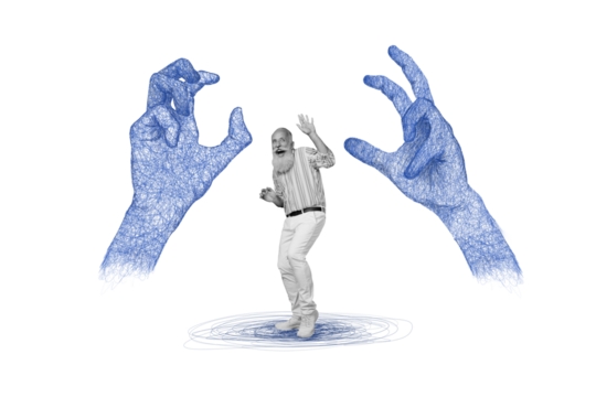 Poster picture image collage of two big human arm catch crazy scared shocked man pensioner isolated on painted white color background - Powered by Adobe