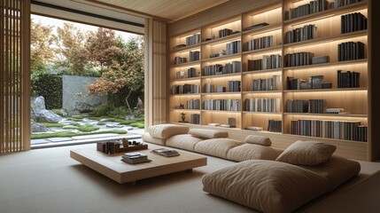 A cozy Japandi den with light wood bookshelves