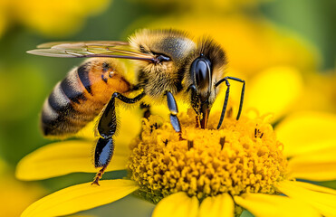 Close-up of a Honeybee Pollinating a Yellow Flower in a Vibrant Garden Setting