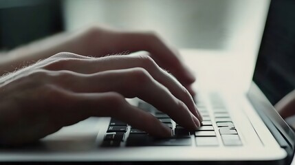 Close-up of hands typing on a laptop keyboard, showing productivity and focus with a simple, clean office background.