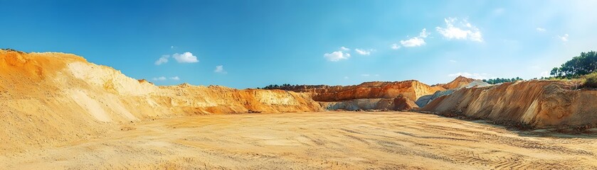 A panoramic view of a vast sand quarry with towering cliffs under a clear blue sky.