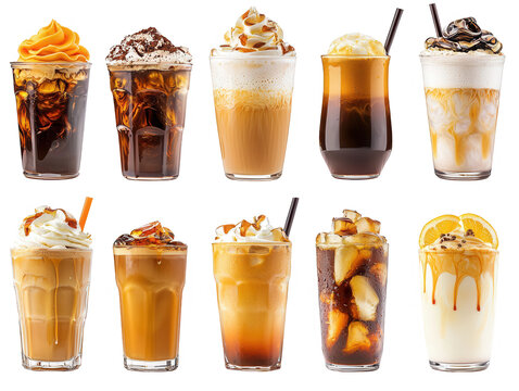 Various types of iced coffee and iced tea collections isolated on Transparent background, png cut out