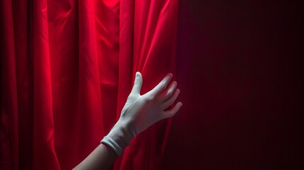 A white gloved hand unveils a rich red curtain, symbolizing the exciting start of something new.