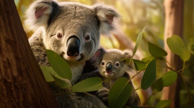 Amidst the lush eucalyptus canopy, a koala mother and her joey move gracefully through the treetops