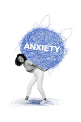 Composite collage picture image of young upset unhappy female carry hold anxiety heavy load mental...