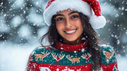Xmas vibes - waiting for Santa! Young  woman wearing ugly Christmas sweater, smiling at the camera	