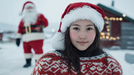 Xmas vibes - waiting for Santa! Young  woman wearing ugly Christmas sweater, smiling at the camera	
