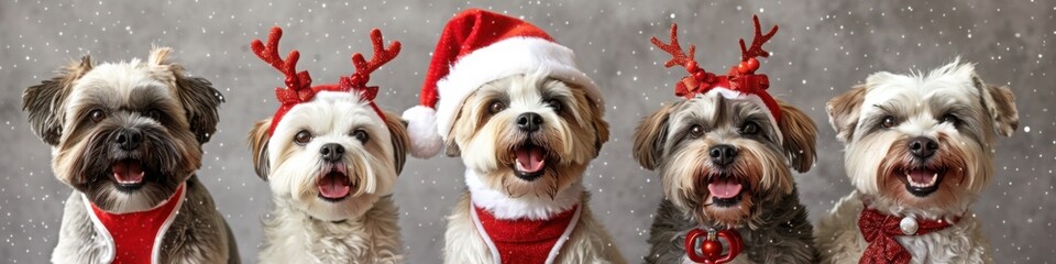 A lineup of Yorkshire Terriers dressed in festive holiday attire, including Santa hats and reindeer antlers, posing together against a snowy background for a Christmas portrait.

