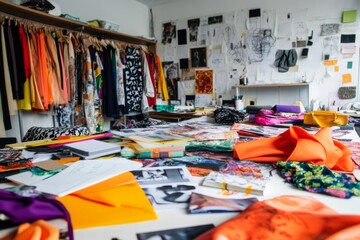 A vibrant workspace filled with colorful fabrics and design sketches. This creative studio showcases fashion inspiration and artistic expression. Generative AI
