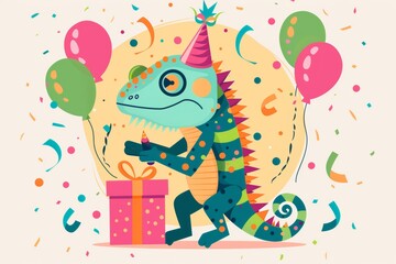 Naklejka premium Festive chameleon celebrates with balloons and confetti