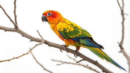 Obraz premium Sun Conure parrot with vibrant orange, yellow, green, and blue feathers perches on a bare branch.