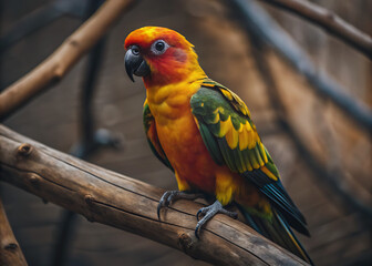 Obraz premium Sun conure perched on branch with green and orange feathers. 