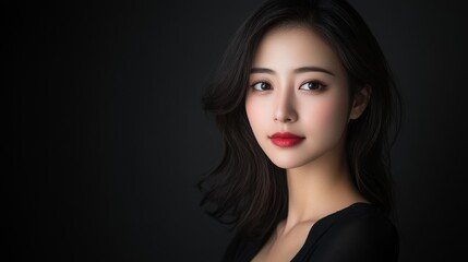 Fototapeta premium A stunning Asian woman with radiant skin poses in a studio. Perfect for beauty, skincare, or cosmetics ads. This high-quality image can be used for creative and promotional purposes.