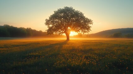 A peaceful sunrise over a rural field with a lone tree and morning mist hanging over the landscape. 