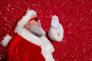 Profile photo of overweight santa look empty space wear hat eyewear coat isolated on red background