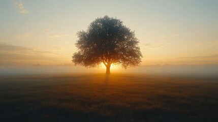 Lonely Tree at Dawn with Misty Sunrise in the Countryside