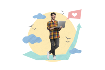 Creative artwork collage of young blogger smm manager marketer businessman hold laptop clouds birds heart notification arrow up conversion
