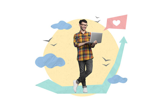 Creative artwork collage of young blogger smm manager marketer businessman hold laptop clouds birds heart notification arrow up conversion