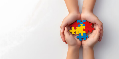 Children's hands holding colorful puzzle pieces together,symbolizing teamwork,autism awareness,connection,problem-solving,collaboration,child development,mental health support through community,